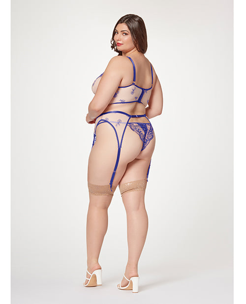 Sheer Stretch Mesh w/Floral Contrast Embroidery Bustier, Garter Belt & Thong Blue/Nude 3X/4X