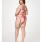 Sheer Stretch Mesh w/Floral Contrast Embroidery Bustier, Garter Belt & Thong Red/Nude 1X/2X