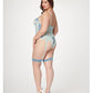 Lace & Mesh Bustier w/Lace Up Center, Garter Belt & Thong Blue 1X/2X