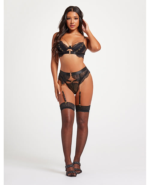 Scalloped Lace Bra w/Gold Chain, Garter Belt & Thong Black SM