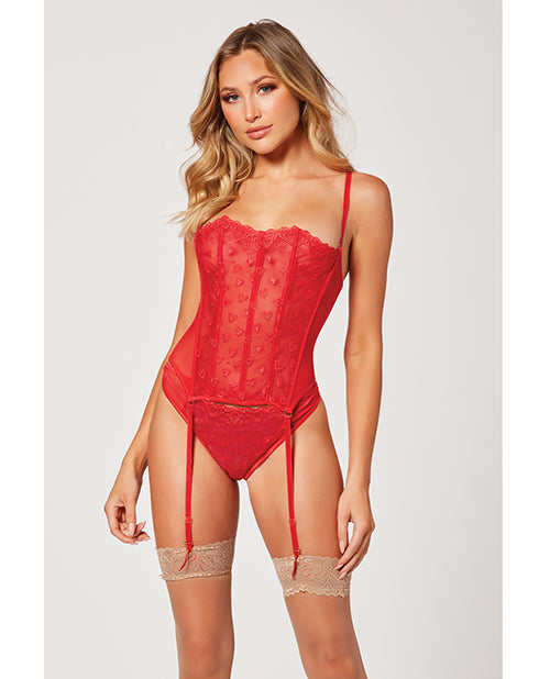 Valentines Heart Embroidered Mesh Bustier & Panty Red MD