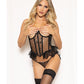 Lace and Dot Mesh Open Cup Bustier w/Hook and Eye Closure & Panty - Black LG