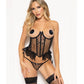 Lace and Dot Mesh Open Cup Bustier w/Hook and Eye Closure & Panty - Black LG