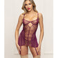 Metallic Lace with Mesh Gartered Chemise & Thong - Plum MD