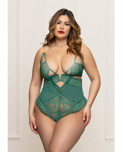 Lace and Mesh Open Crotch Teddy w/Gold Straps - Green 1X/2X