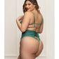 Lace and Mesh Open Crotch Teddy w/Gold Straps - Green 1X/2X